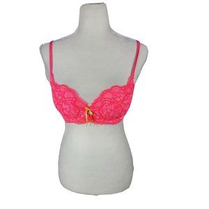 Victoria's Secret Push-Up Bra 32D Neon Pink Lace Underwire